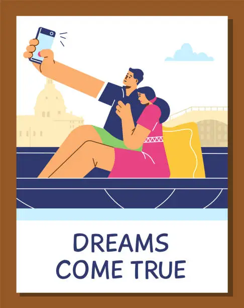 Vector illustration of Vector illustration of young couple sailing on gondola, boat, taking selfie against of the architecture of Venice, Dreams come true