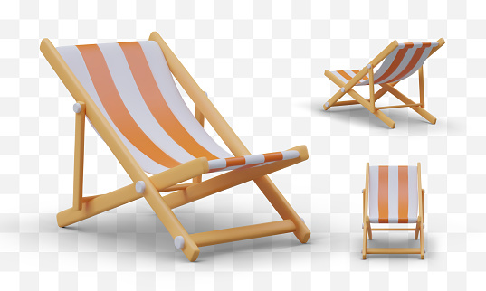 3D striped chair for relaxation. Furniture for pool. Wooden folding chair for summer leisure. Vector volumetric isolated illustration. Deckchair, front, side, back view