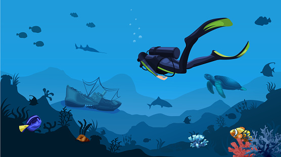 Diver with gear found wreck ship. Snorkeling deep underwater seascape near sunken boat in coral reef with sharks and turtle. Biologist explore seabed of sea and ocean world. Flat Vector illustration