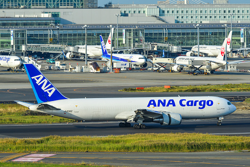 Tokyo, Japan - Nov 2, 2019. JA8362 All Nippon Airways Boeing 767-300ER taxiing on runway of Tokyo Haneda Airport (HND). Haneda handled 87,098,683 passengers in 2018.