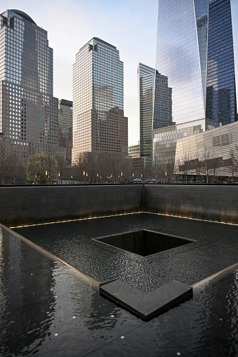 New York, USA, April 11, 2023 - The 9/11 Memorial South Poo / National September 11 Memorial in New York, USA.