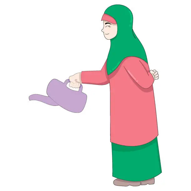 Vector illustration of Muslim mothers are diligently watering with fanfare