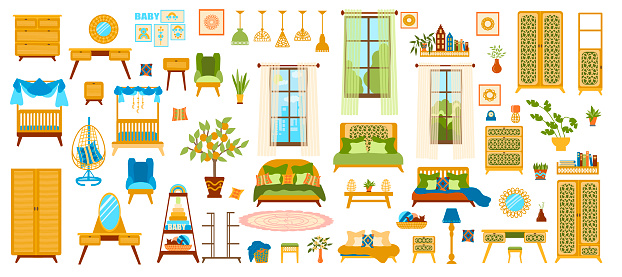 Large vector collection of furniture and decor elements for the living room, bedroom, children's room, and study in a stylized Art Deco and Art Nouveau style. Illustrations in flat hand drawn style.