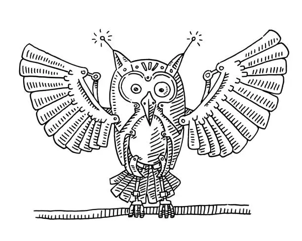 Vector illustration of Mechanical Owl Robot Drawing