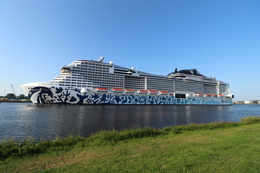 Velsen, the Netherlands - June 6th 2023: Euribia joined the MSC Cruises fleet in 2023 and was named on June 8th in Copenhagen, Danmark. It is the 2nd LNG ship to join the MSC fleet