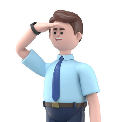 3D illustration of Asian man Felixo standing holding hand at forehead looking far away distance.3D rendering on white background.