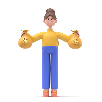 3D illustration of Asian woman Angela standing holding and hugging in his arms big cash money pack bundle.3D rendering on white background.
