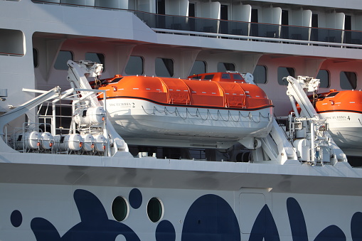 Velsen, the Netherlands - June 6th 2023: Euribia joined the MSC Cruises fleet in 2023, Detaill of lifeboat