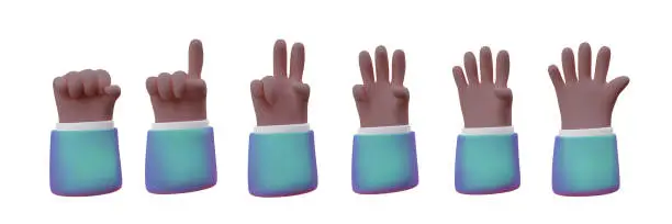 Vector illustration of Counting, number on fingers from 0 to 5. Vector realistic images set