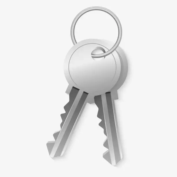 Vector illustration of 3D vector illustration of a realistic metallic silver key with a keyring on a white background. Symbolizing access, security, and privacy. Perfect for real estate, home, and property concepts.