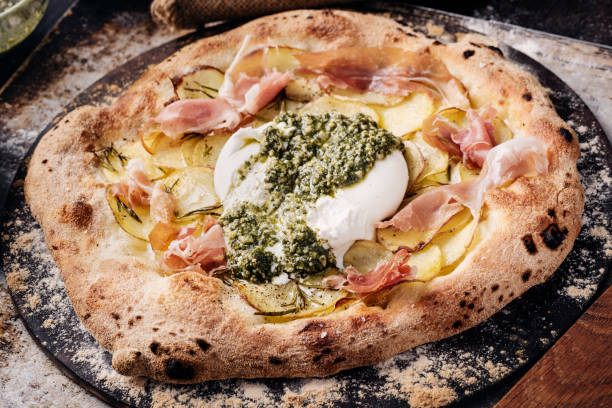 Potato Pizza with Burrata and Pesto.