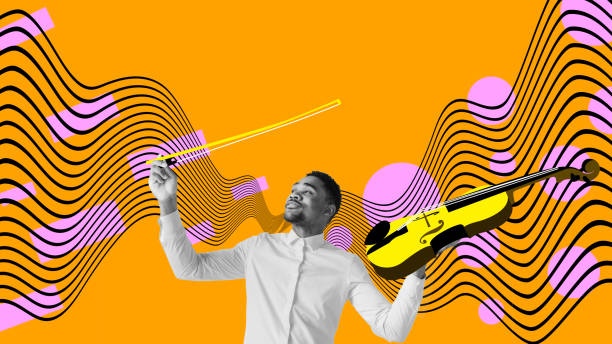 istock Handsome african man, musician, playing violin against colorful background. Classical performance. Contemporary art collage. 1500523815