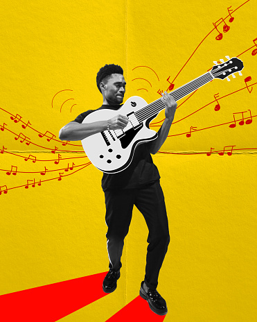 Positive, emotional, artistic african man playing guitar against yellow background. Jazz, rock and roll. Contemporary art collage. Concept of music, festival, inspiration, art, fun, party and event