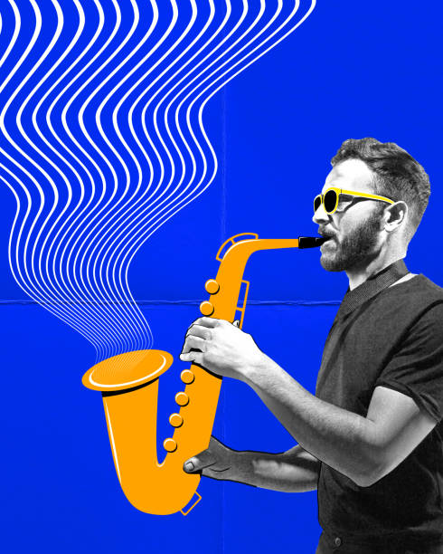 istock Young man, musician playing saxophone against blue abstract background. Classical concert. Contemporary art collage. 1500523846