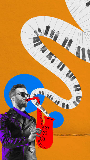 istock Young man, musician playing saxophone against abstract yellow background. Classical concert. Contemporary art collage. 1500523857