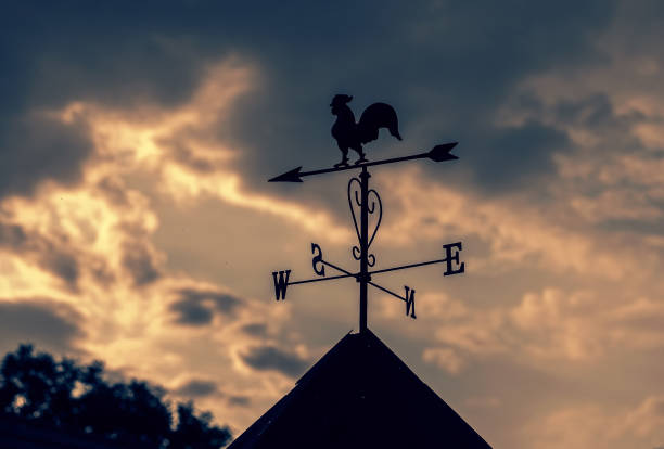 weathercock on roof with cloudy sky - roof roof tile rooster weather vane imagens e fotografias de stock