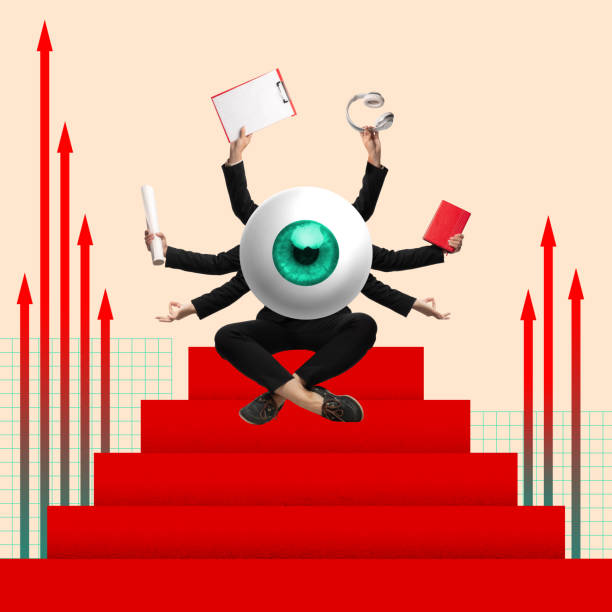 istock Multitasking. Man with giant eye body and many hands working in different directions, growing company and professional success. Contemporary art collage. 1500526302