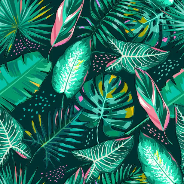 Vector illustration of Seamless pattern with tropical leaves on a dark emerald background. Colorful leaves of palm, monstera, alocasia, philodendron, calathea, dieffenbachia, banana. Cartoon. Summer tropical pattern. Vector