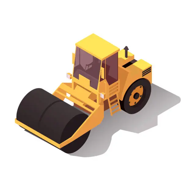 Vector illustration of Yellow steamroller for paving asphalt. Road working roller truck. Asphalting machine 3d isometric design. Road pavement improvement on highway. Vector illustration