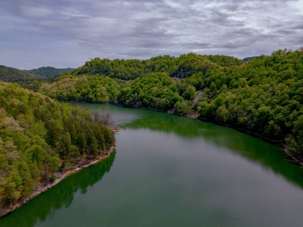 Lake with tranquil emerald-colored waters surrounded by lush, green trees under a cloudy sky.