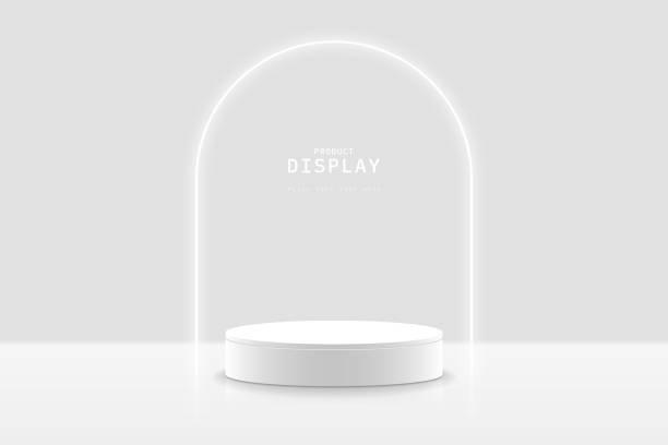 istock Abstract clean empty studio room. White 3d cylinder podium pedestal realistic with glowing arch shape. Minimal scene for mockup. 3D stage for showcase. 3d vector geometric platform design. 1500532538