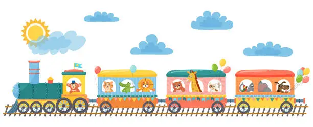 Vector illustration of Cute animals on funny train. Happy children animal in railroad. Little zoo pets ride on toy locomotive. Elephant, giraffe, monkey and lion in transportation train. Cartoon Vector illustration