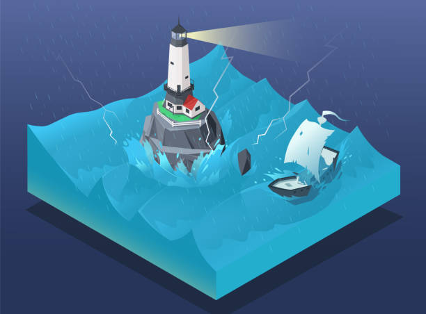 ilustrações, clipart, desenhos animados e ícones de farol sobre rocha de pedra em um oceano áspero e tempestuoso em design isométrico 3d. mar ondulado e lindo. iate com vela em grandes ondas azuis. mar azul com chuva e raios. ilustração vetorial - lighthouse beacon sailing storm