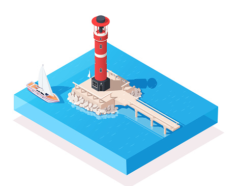 Lighthouse on stone foundation in calm sea in 3d isometric design. Beautiful ocean coast. Luxury yacht sailing in resort with blue water. Blue sea with clear water. Icon element. Vector illustration