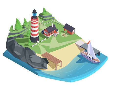 Lighthouse at coast of island with rock and sandy beach in 3d isometric. Sea or ocean yacht at small island wharf. Navigation lighthouse. Beacon tower for marine navigation. Vector illustration