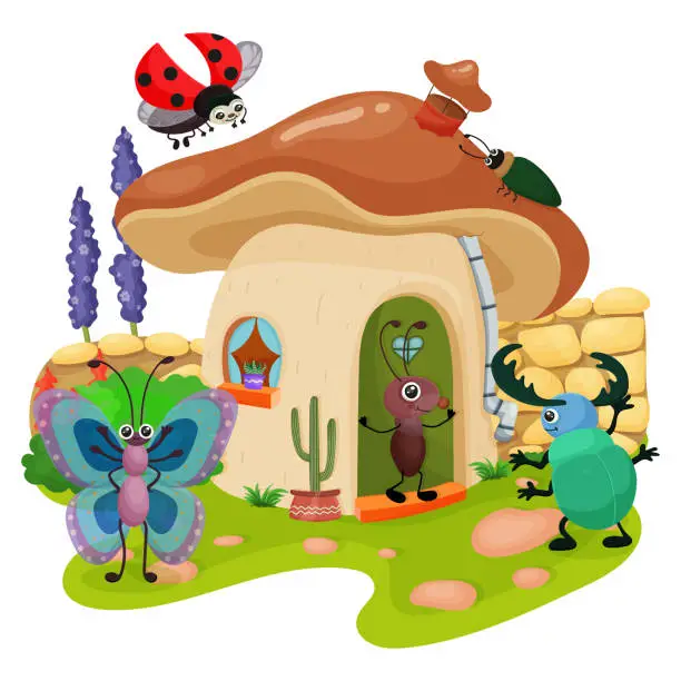 Vector illustration of Fantasy fairy tale about forest friends in mushroom house. Children friendship in fairytale muravey, butterfly and beetle characters. Magic picture for kids education and reading. Vector illustration