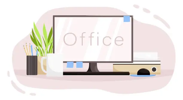 Vector illustration of Office desk with computer blank display, plant and cup of coffee or tea and blue stickers on frame. Workspace concept. Workplace in flat style. Modern design of home office. Vector illustration