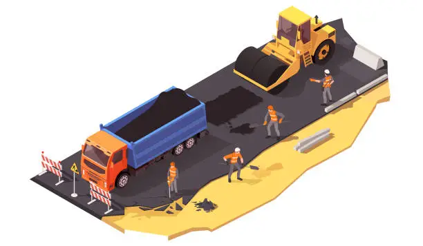 Vector illustration of Yellow steamroller for paving asphalt. Road work in 3d isometric scene. Road roller and lorry truck. Asphalting machine with workers on highway. Road pavement improvement. Vector illustration