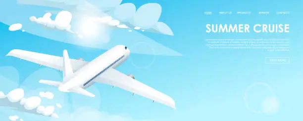 Vector illustration of Summer cruise banner with airplane in clouds on blue sky background. Travel concept. Booking service or travel agency sign. Air transportation. Flight tickets. Advertising poster. Vector illustration