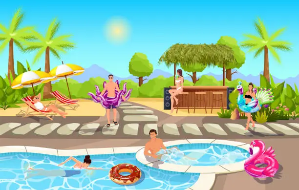 Vector illustration of Happy people enjoy in luxury tropical resort. Summer time vacation in swimming pool near drink bar. Young people, women, men with inflatable circle animal have fun on beach party. Vector illustration