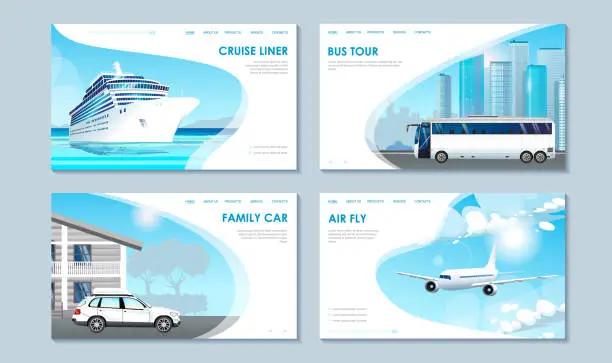 Vector illustration of Set of summer cruise banner with airplane, white ocean liner ship, bus and car. Travel concept. Booking or hire service or travel agency flyer. Transportation and touristic poster. Vector illustration