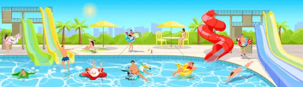 Vector illustration of Happy people enjoy waterpark. Summer time vacation in swimming pool, water park landscape. Family activity. People slides pipes, kids playing and swim on inflatable circle animal. Vector illustration