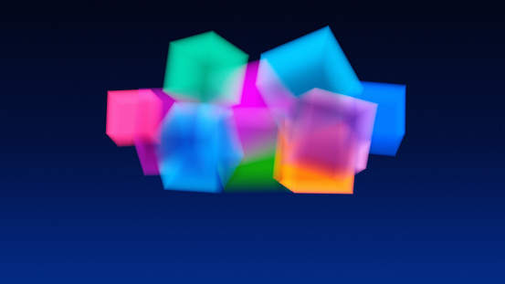 Multicolored iridescent cubes on dark blue background, 3d render.