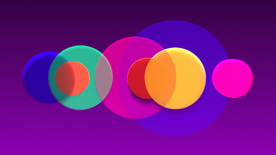 Multicolored iridescent circles on purple background, 3d render.