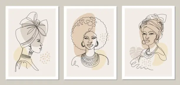 Vector illustration of Set of portraits of African women. Line art. Boho style, pastel colors.  Womans in head wraps, earrings and neck jewelry. Ethnic designs for wall art and more. Continuous line. Vector.