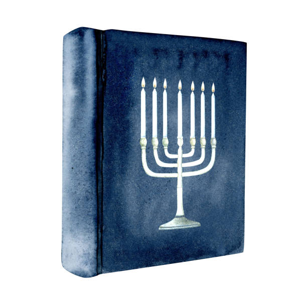 tora mit menora mit kerzensymbol auf dem cover aquarellillustration isoliert auf weißem hintergrund. blaues jüdisches buch für schabbat-, synagogen- und feiertagsgestaltung - bible candle book law stock-grafiken, -clipart, -cartoons und -symbole