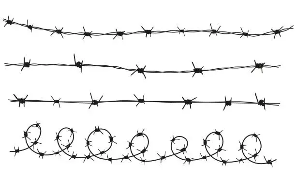 Vector illustration of Barbed wire. Template of brush, barbwire set isolated silhouette