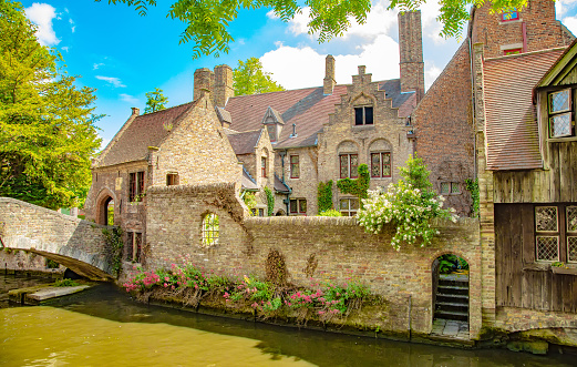 Picturesque view of Brugge old town and water canal, Belgium travel photo