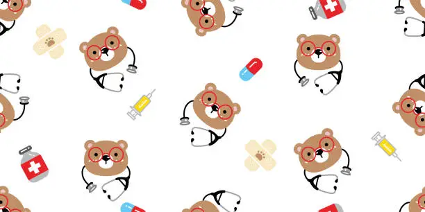 Vector illustration of bear polar seamless pattern medicine doctor pills hospital capsule stethoscope teddy cartoon vector tile background gift wrapping paper repeat wallpaper scarf isolated doodle illustration design