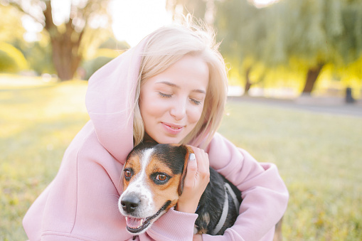 a young woman in a pink sweater hugs a beagle dog. walking in the green park on a sunny day.