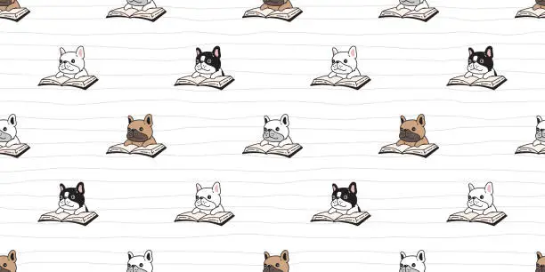 Vector illustration of dog seamless pattern french bulldog reading book vector pet writing notebook footprint paw puppy cartoon gift wrapping paper line tile background repeat wallpaper doodle scarf isolated illustration design