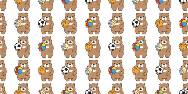 Vector illustration of bear polar seamless pattern sport football soccer beach ball basketball volleyball teddy doodle cartoon vector gift wrapping paper tile background repeat wallpaper scarf isolated illustration design