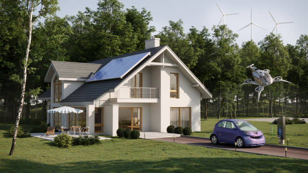 istock Sustainable energy efficient house with solar panel, eVTOL and electric car 1500553979