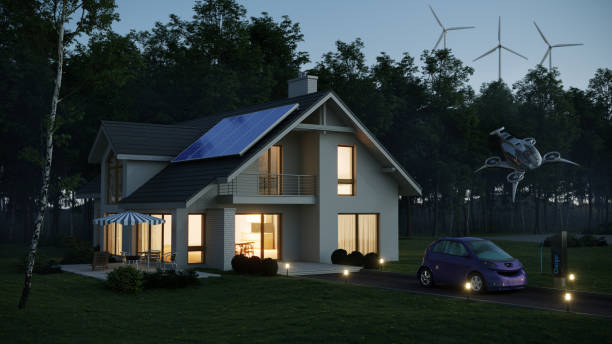 istock Sustainable energy efficient house with solar panel, eVTOL and electric car 1500554259