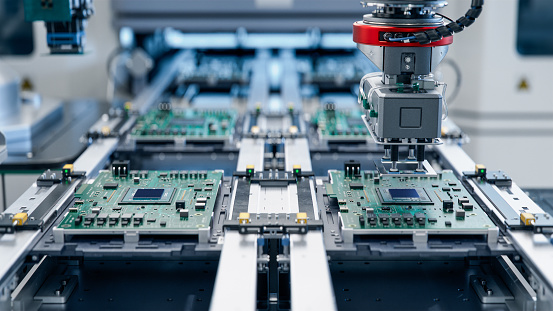 Component Installation on Circuit Board. Fully Automated Modern PCB Assembly Line Equipped with Advanced High Precision Robot Arms at Bright Electronics Factory. Electronic Devices Production Industry.