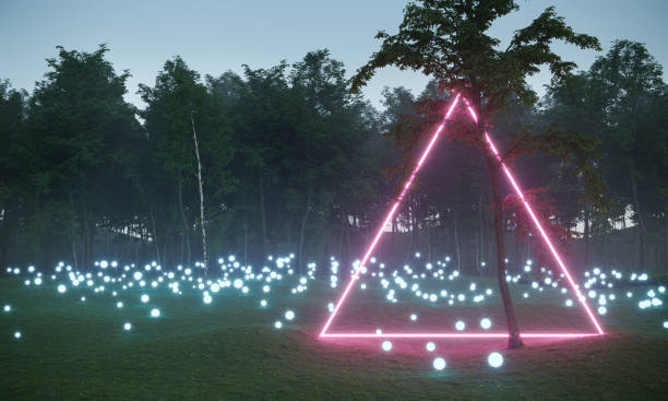 istock Futuristic purple neon triangle light in forest 1500558938